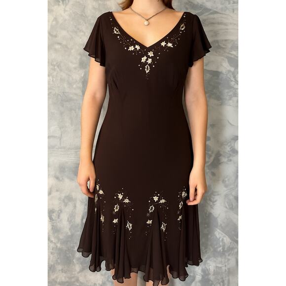 Vintage Y2K Brown chiffon Beaded Tissue Hem Midi Dress XL Party Formal Babydoll - Picture 1 of 11
